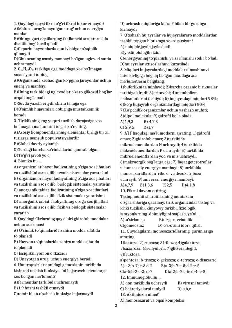 10-SINF biologiya test 2