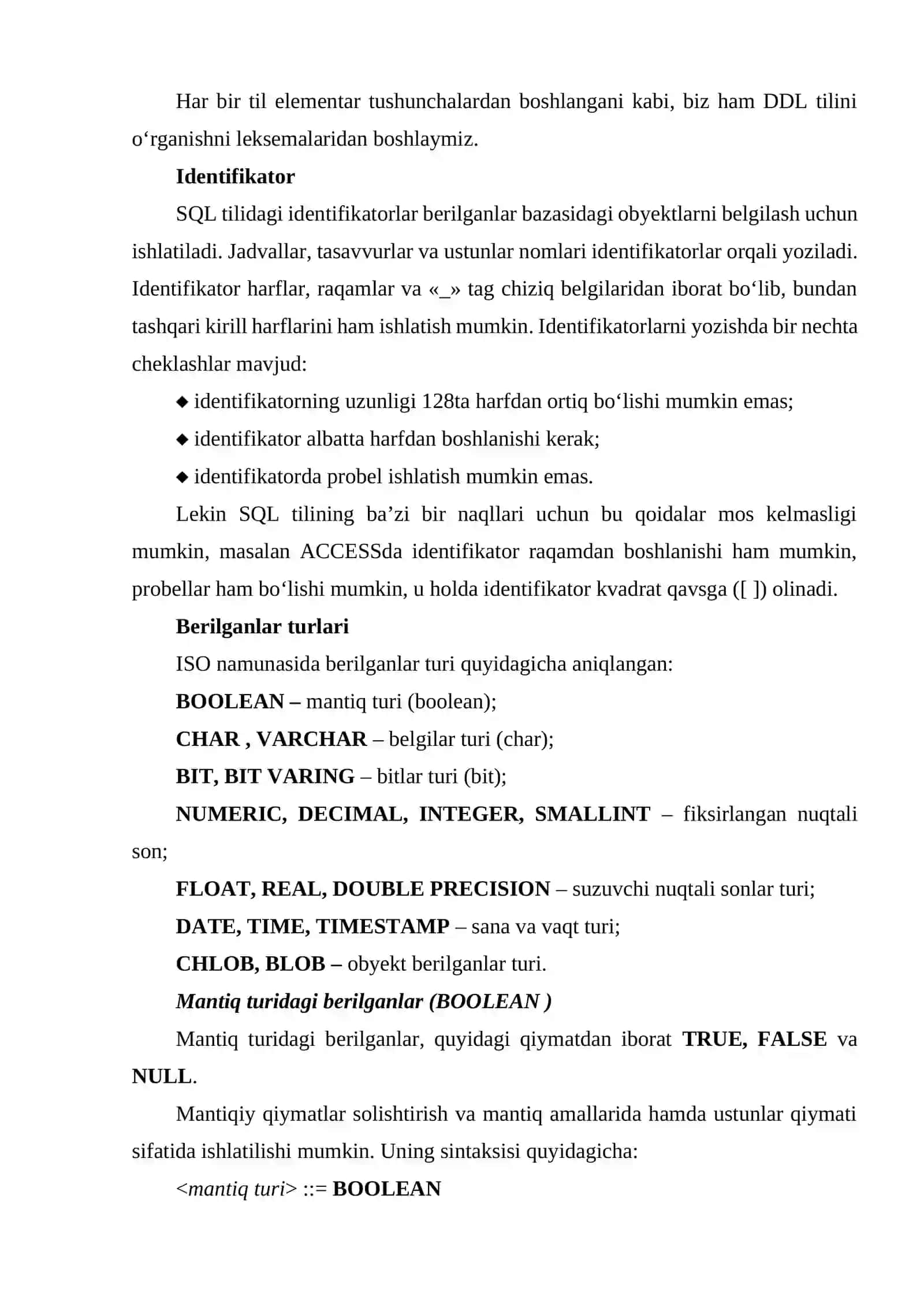SQL DA MA’LUMOTLARNING TIPLARI. SQL SO`ROVLAR TILI SINTAKSISI 2