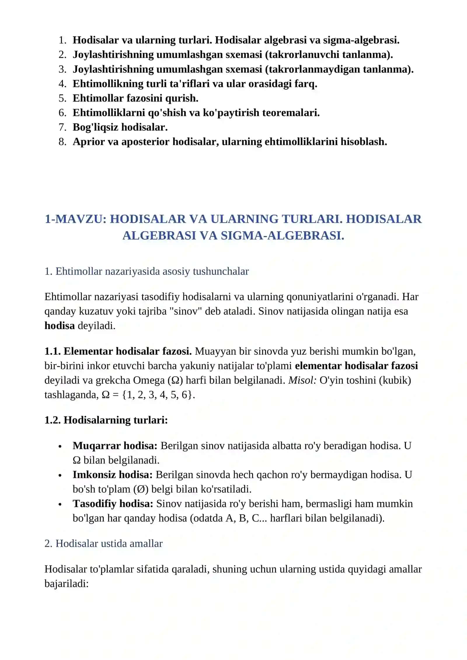 HODISALAR VA ULARNING TURLARI. HODISALAR ALGEBRASI VA SIGMA-ALGEBRASI. 2