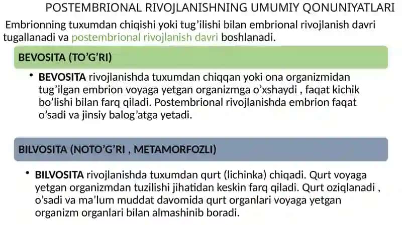 POSTEMBRIONAL RIVOJLANISHNING UMUMIY QONUNIYATLARI 2