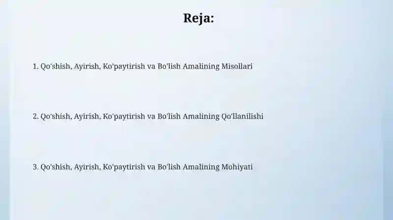 Qo'shish, Ayirish, Ko'paytirish va Bo'lish Amalini Ma'nosi Ochib Berish 2
