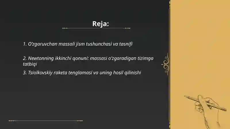 Oʻzgaruvchan massali jismning harakati 2