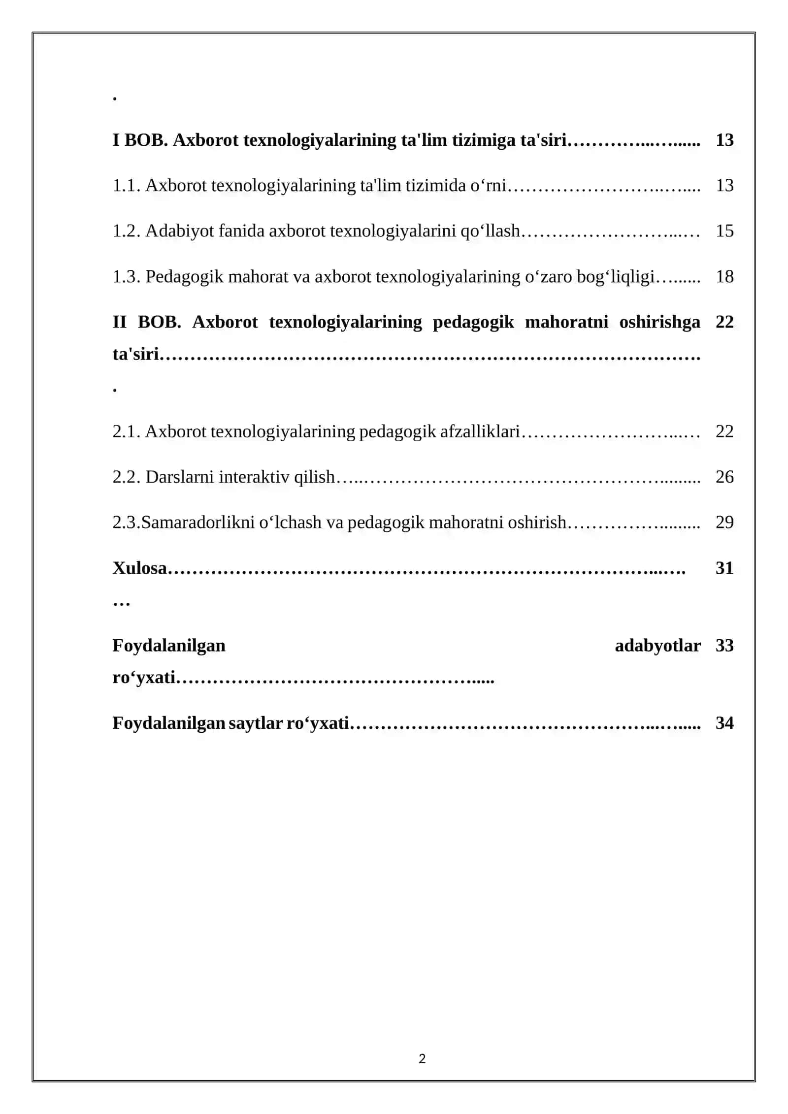 ADABIYOT FANINI OʻQITISHDA AXBOROT TEXNOLOGIYALARIDAN FOYDALANISH PEDAGOGIK MAHORATNI OSHIRISH OMILI MAVZUSIDA TAYYOR KURS ISHI 2