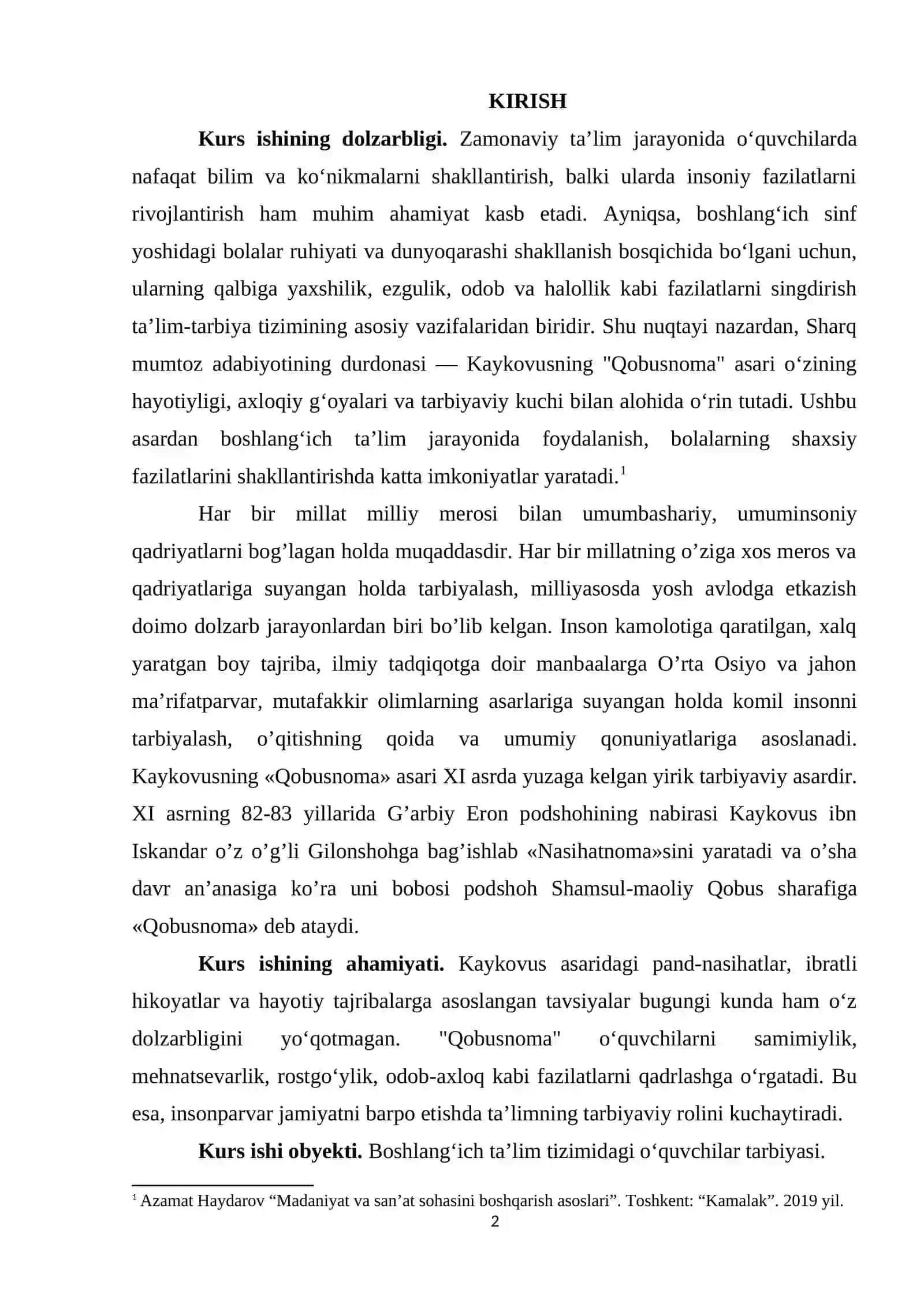 BOSHLANG’ICH SINF O’QUVCHILARIDA INSONIY FAZILATLARNI RIVOJLANTIRISHDA KAYKOVUSNING "QOBUSNOMA" ASARIDAN FOYDALANISH 2