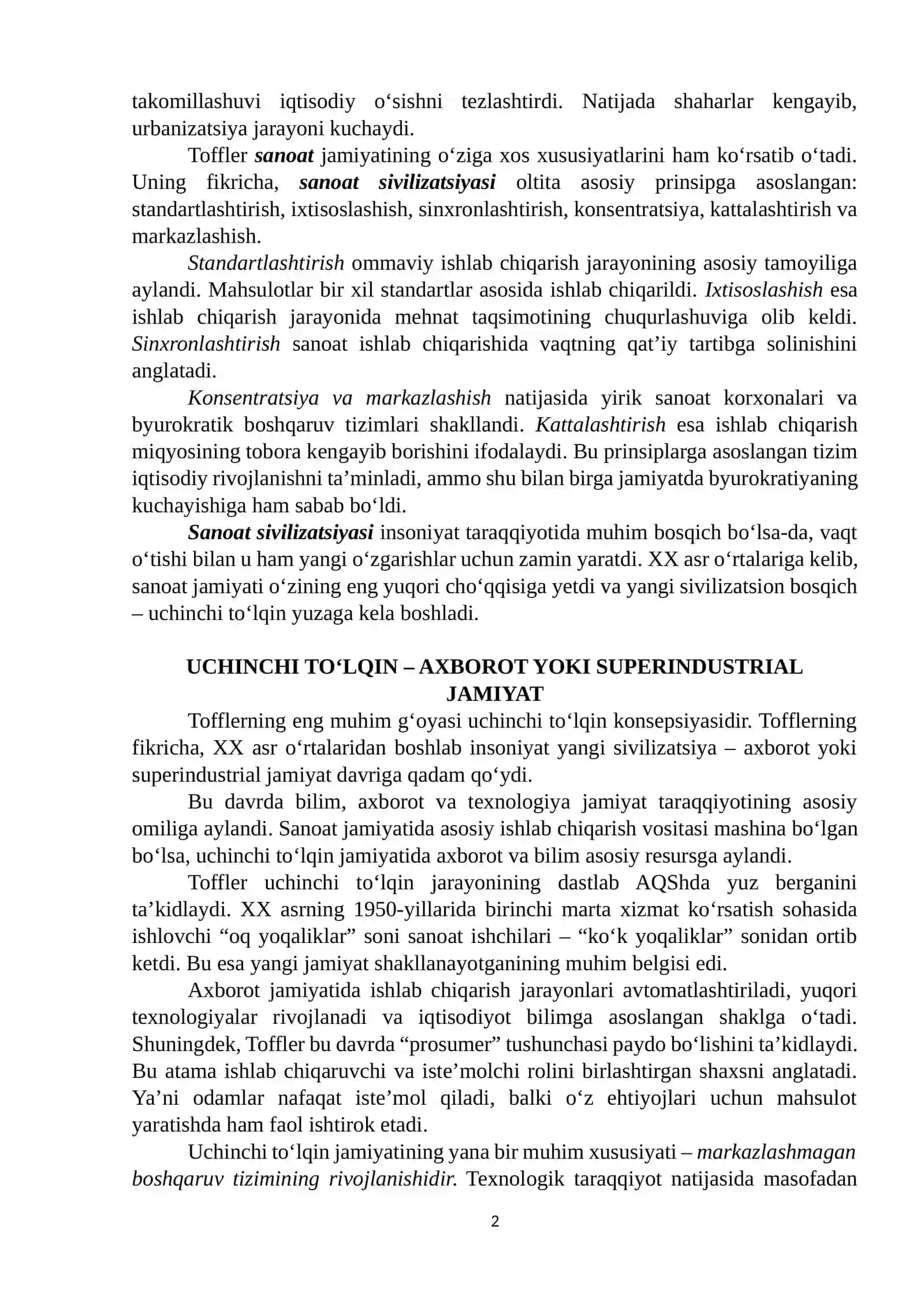 E. Tofflerning "UCHINCHI TO'LQIN" asari bo'yicha essey 2