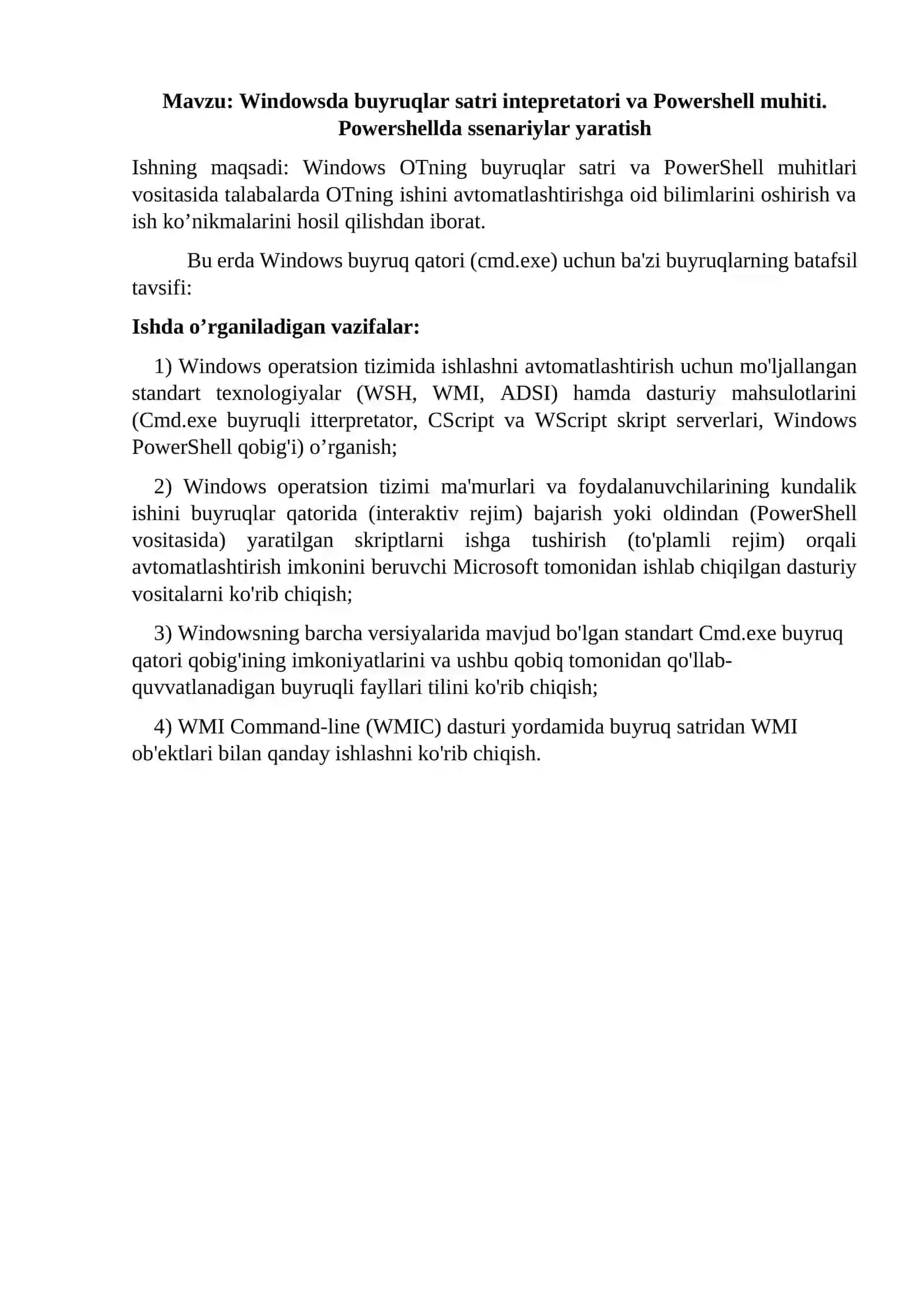Windowsda buyruqlar satri intepretatori va Powershell muhiti. Powershellda ssenariylar yaratish 2