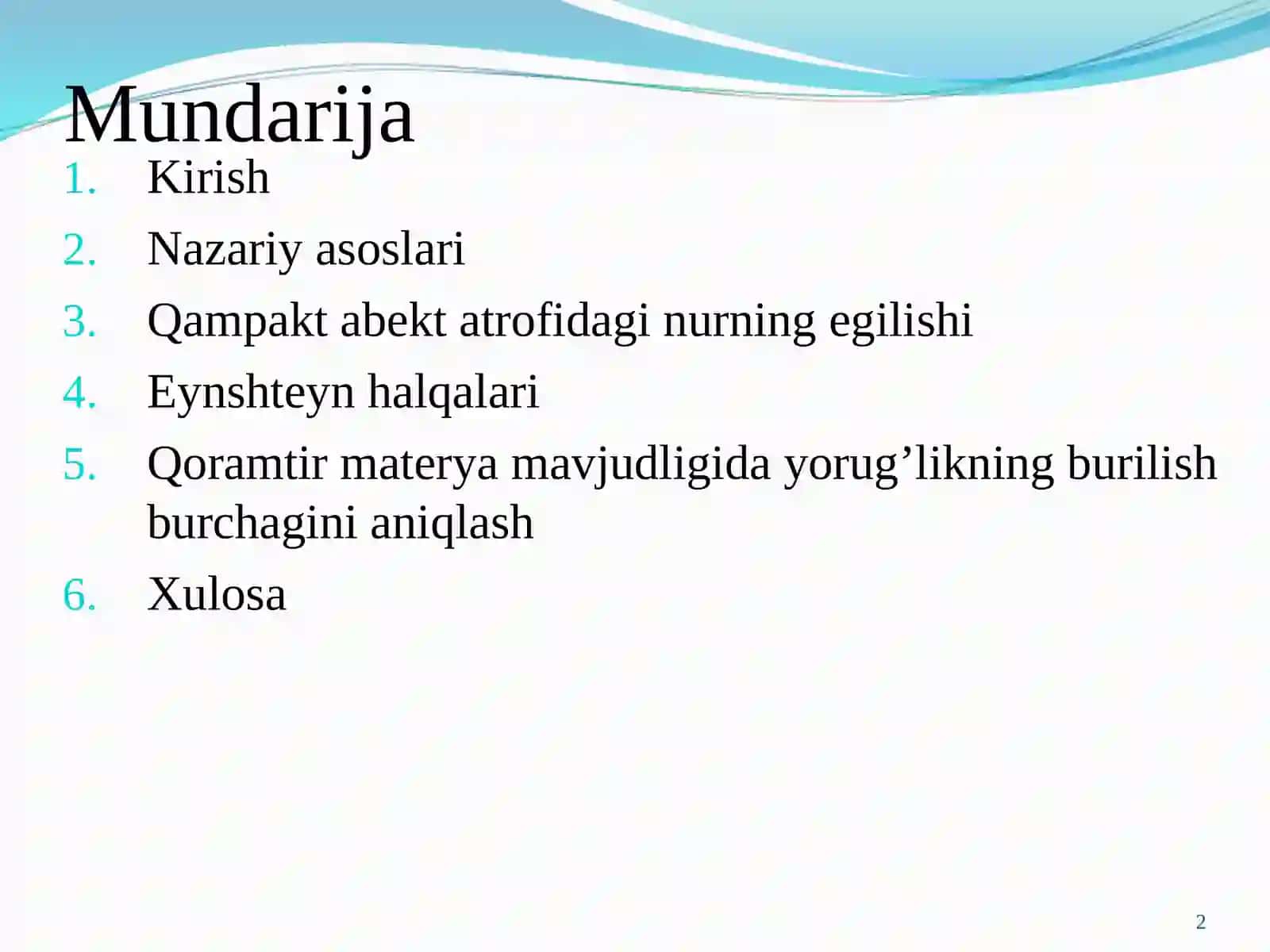 GRAVITATSION LINZALANISH VA EYNSHTEYN HALQALARI, QORAMTIR MATERYA MAVJUDLIGIDA YORUG’LIKNING BURILISH BURCHAGINI ANIQLASH 2
