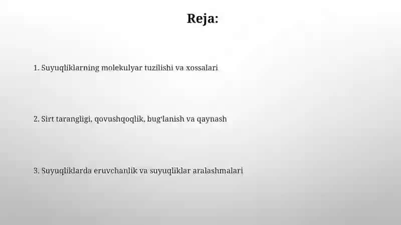Moddaning agregat holati Suyuqliklarning molekulyar tuzilishi 2