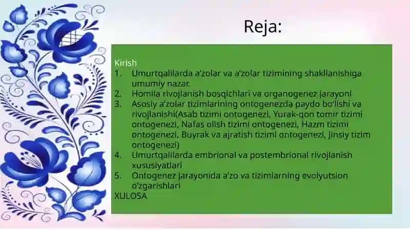 Mavzu:Umurtqalilarda a'zolar va a'zolar  tizimi ontofilogenezi 2