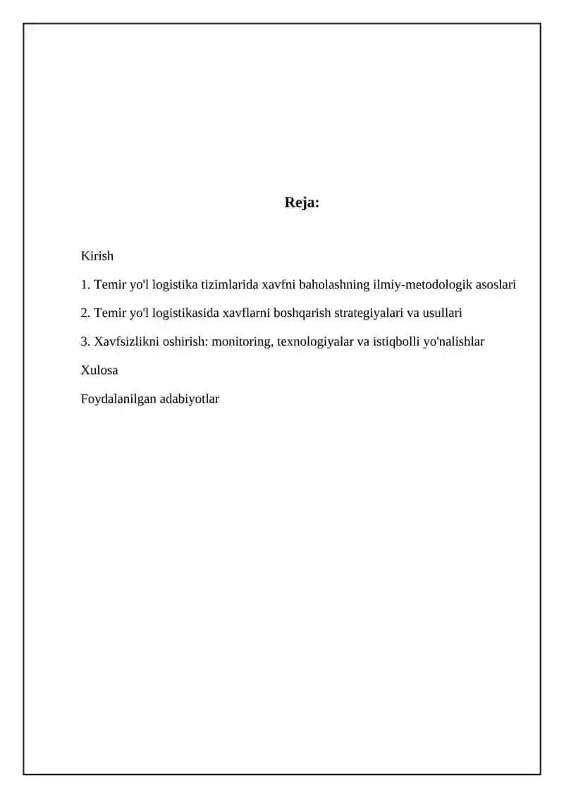 Temir yo‘l logistika tizimlarida risklarni baholash va boshqarishning ilmiy-uslubiy asoslari 2