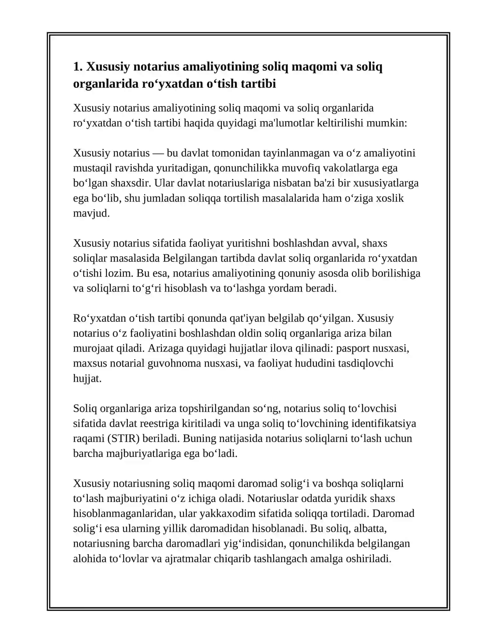 Xususiy amaliyot bilan shug‘ullanuvchi notariuslarga soliq solishning o‘ziga xos xususiyatları 2
