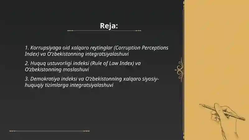 Siyosiy xuquqiy sohadagi ustuvor xalqaro reytinglar va ularga Òzbekistonning intekratsiyalashuvi 2
