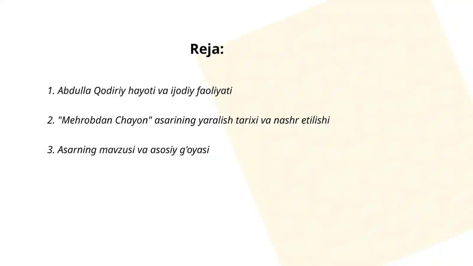 Abdulla Qodiriyning Mehrobdan Chayon asari haqida taqdimot 2