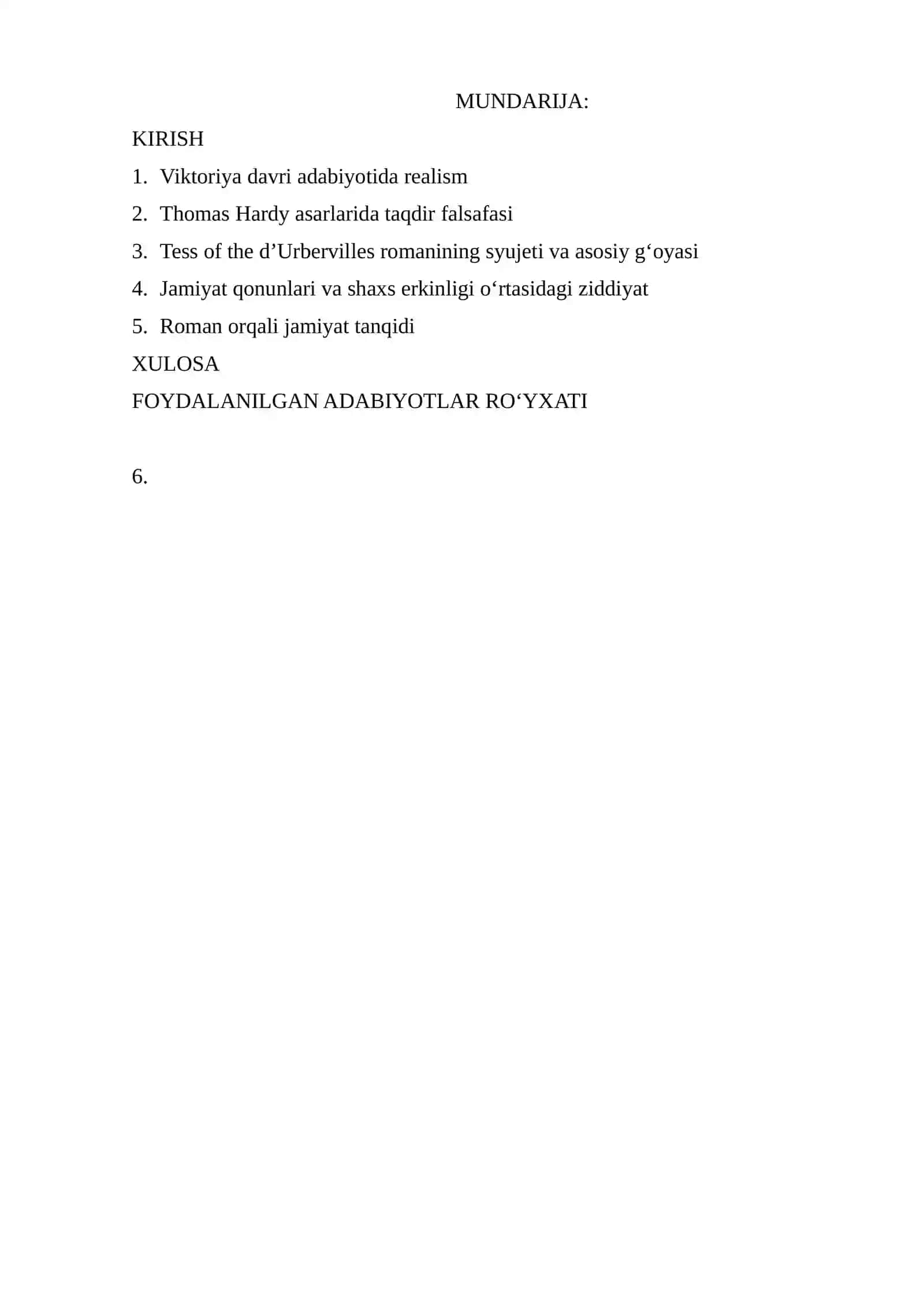 Tomas Xardining “ Tess of the d’Urbervilles” romanida taqdir va ijtimoiy bosim muammosi mavzusidagi KURS ISHI 2