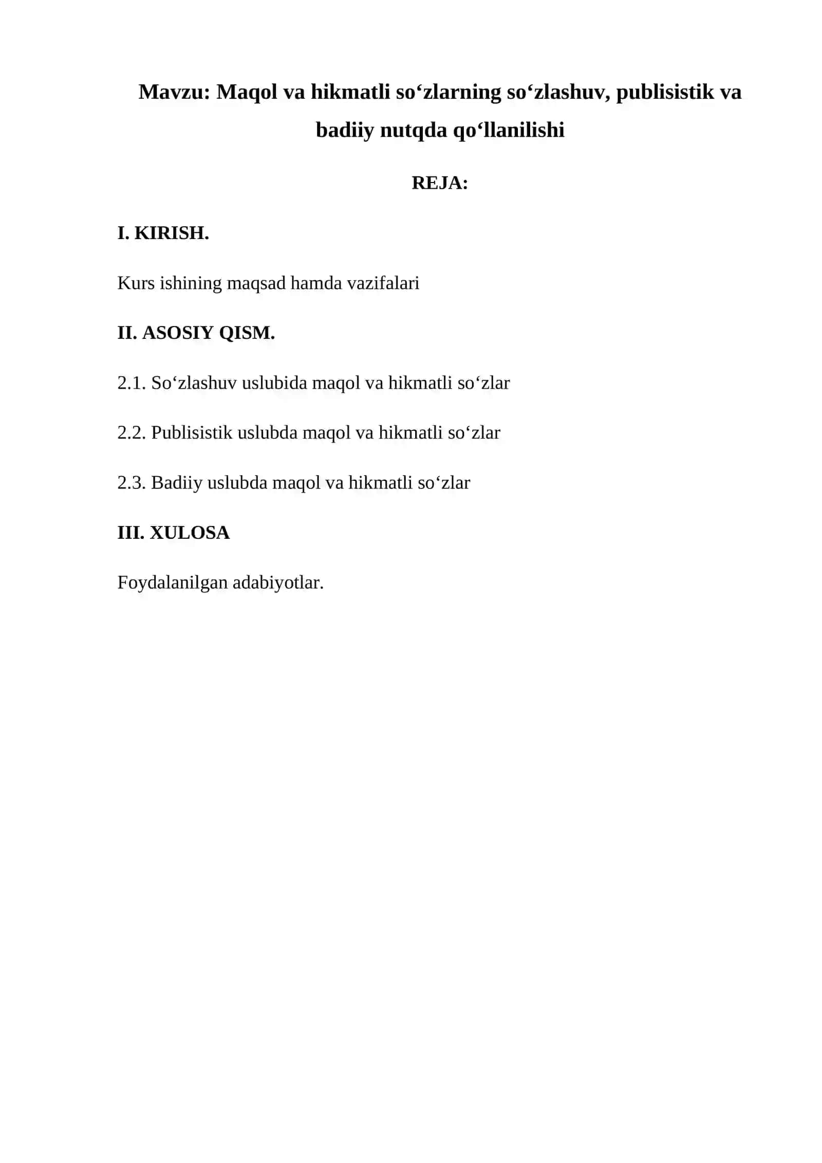 Maqol va hikmatli so‘zlarning so‘zlashuv, publisistik va badiiy nutqda qo‘llanilishi 2