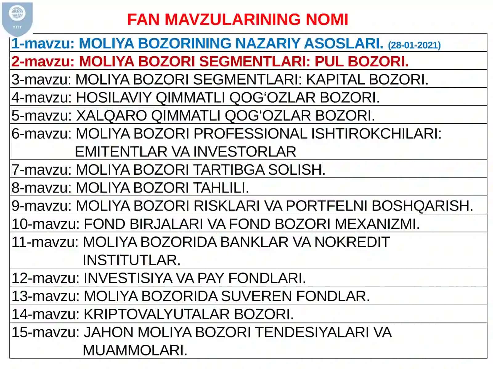 MOLIYA BOZORI SEGMENTLARI:PUL BOZORI 2