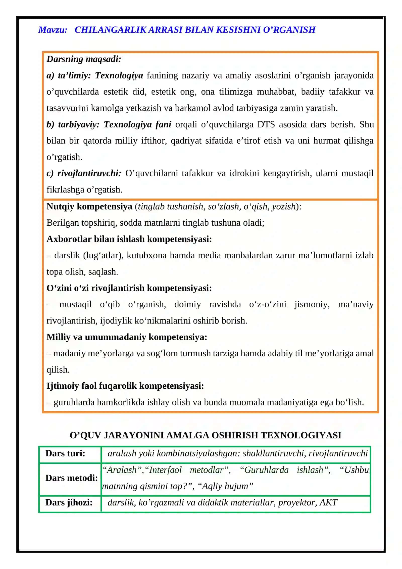 6-sinf Texnologiya fanidan Chilangarlik arrasi bilan kesish mavzusida ochiq dars ishlanma 2