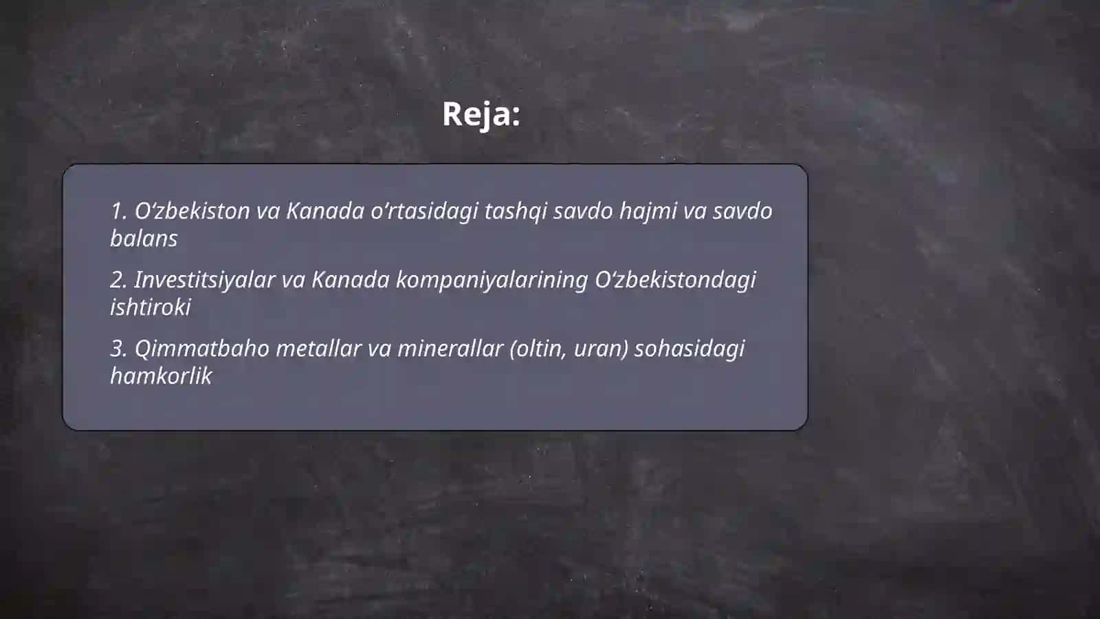Oʻzbekiston va Kanada oʻrtasida iqtisodiy aloqalar 2