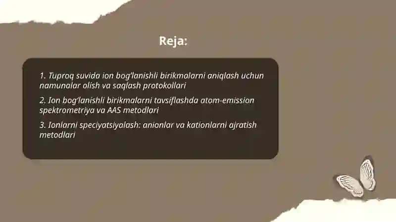 Tuproq suvining ifloslanishida ion bogʻlanishli birikmalarni aniqlash 2