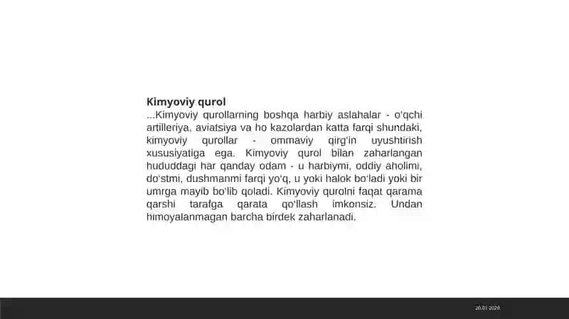 Kimyoviy qurol. Zaharli moddalarni tavsiflash. Kimyoviy vaziyatni baholash 2