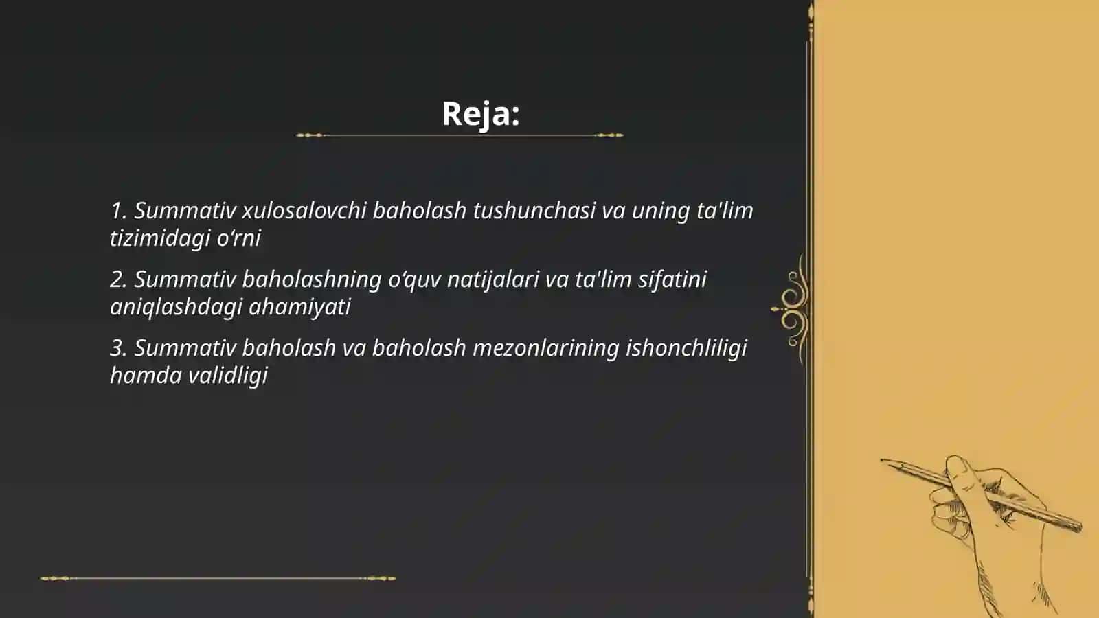 Summativ xulosalovchi baholashning talim tizimidagi ahamiyatini tahlil qilish va olgan xulosalar asosida tezis 2