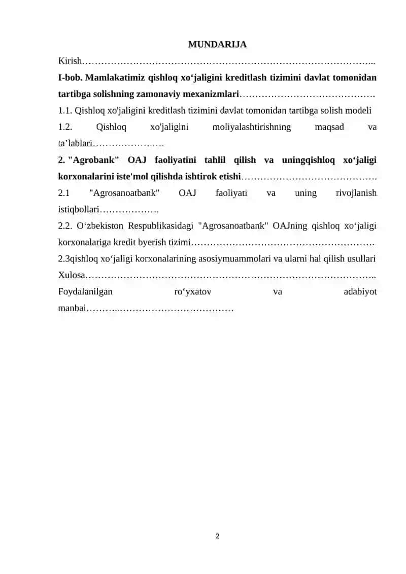 Qishloq xo‘jaligini kreditlash tizimini davlat tomonidan tartibga solishning zamonaviy mexanizmlari 2