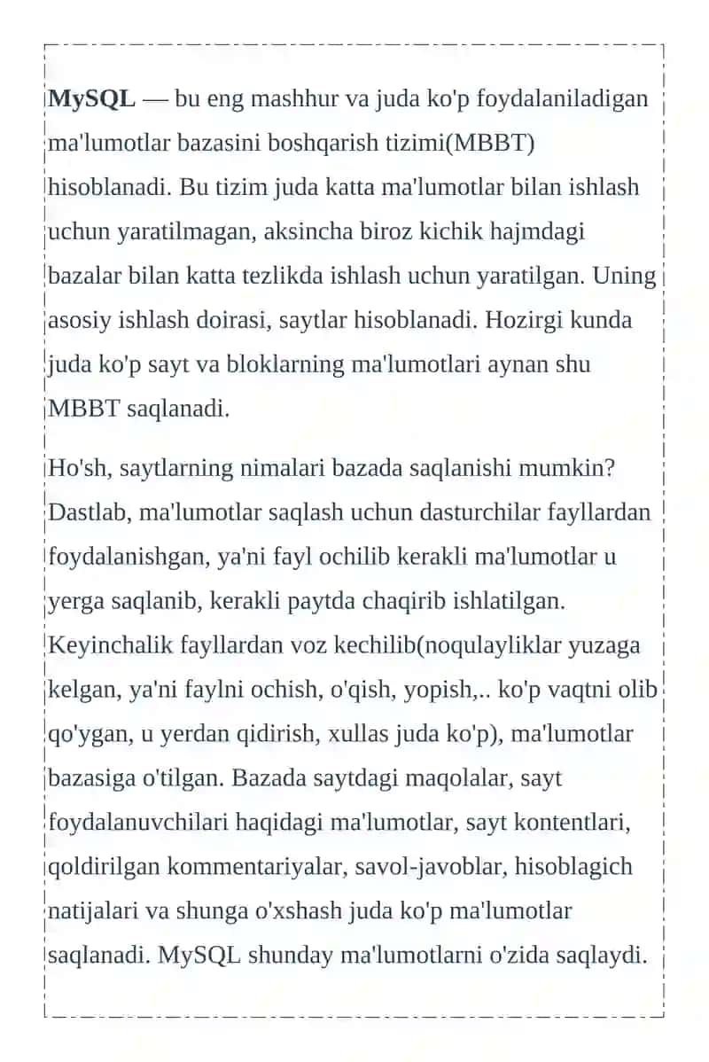 MySQL haqida boshlang’ich tushunchalar 2