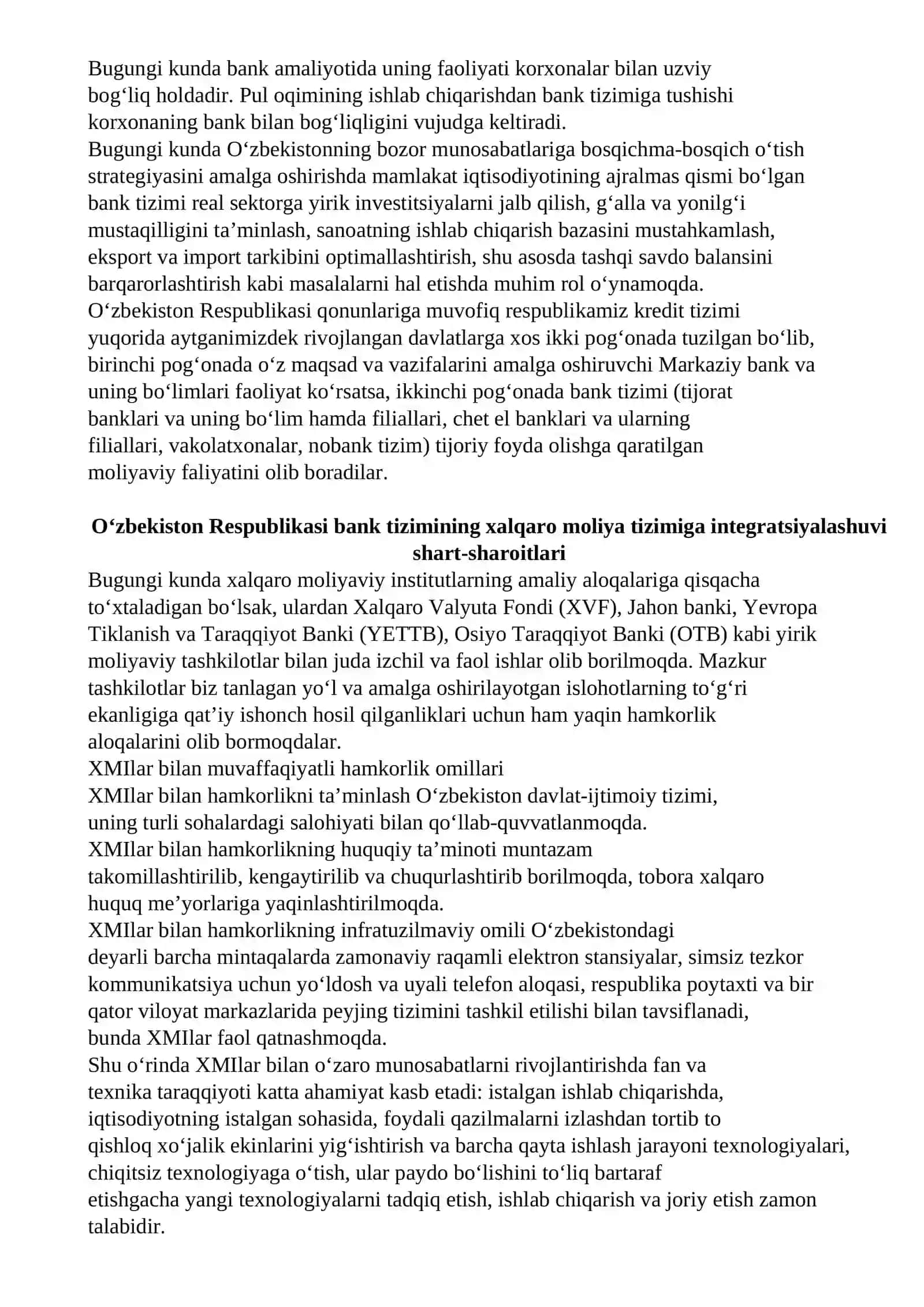 O‘zbekiston Respublikasi bank tizimining xalqaro bank tizimining integratsiyalashuvi. 2