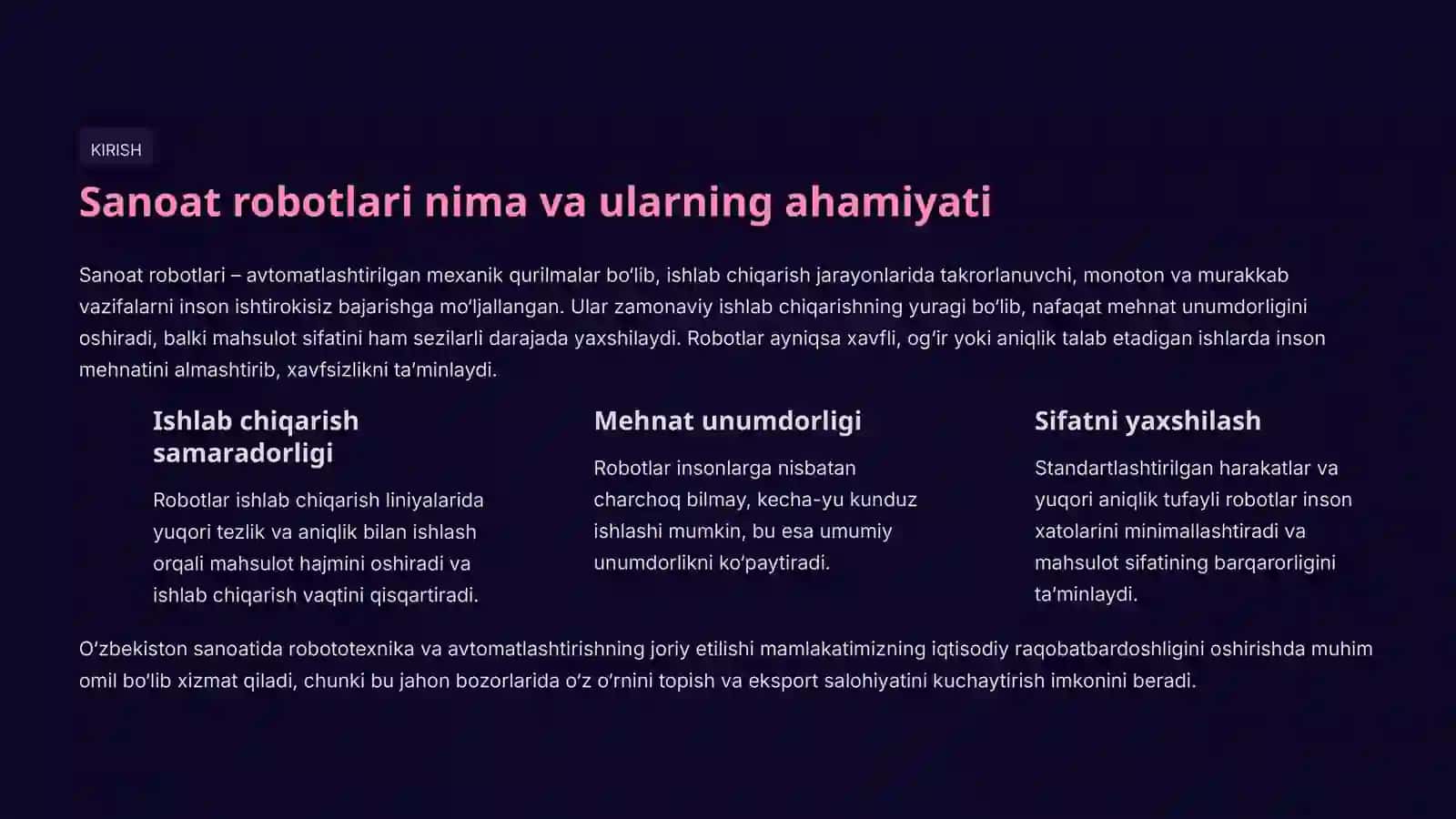 Sanoat roboti va uning strukturasi: Texnik xarakteristikalar 2