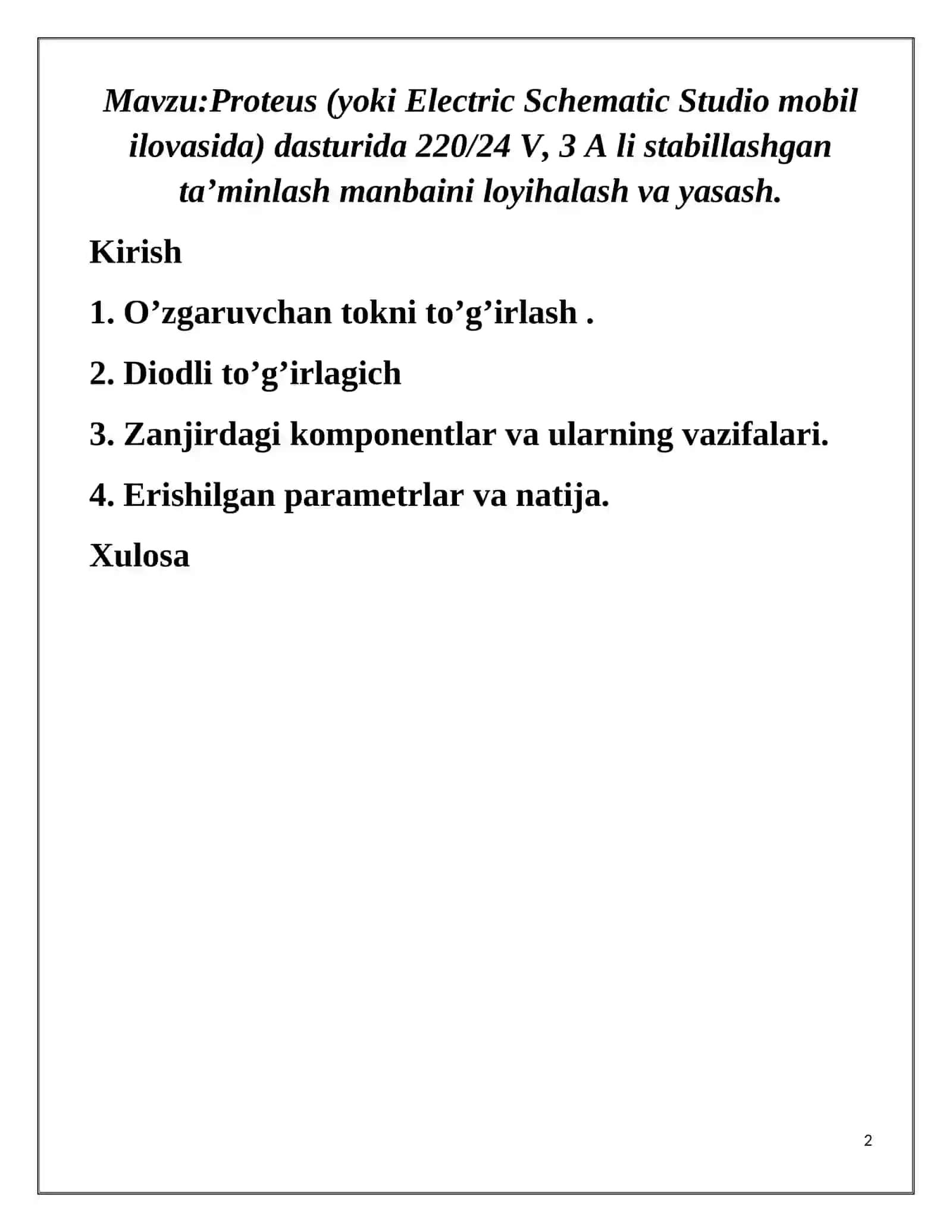 Proteus (yoki Electric Schematic Studio mobil ilovasida) dasturida 220/24 V, 3 A li stabillashgan ta’minlash manbaini loyihalash va yasash 2