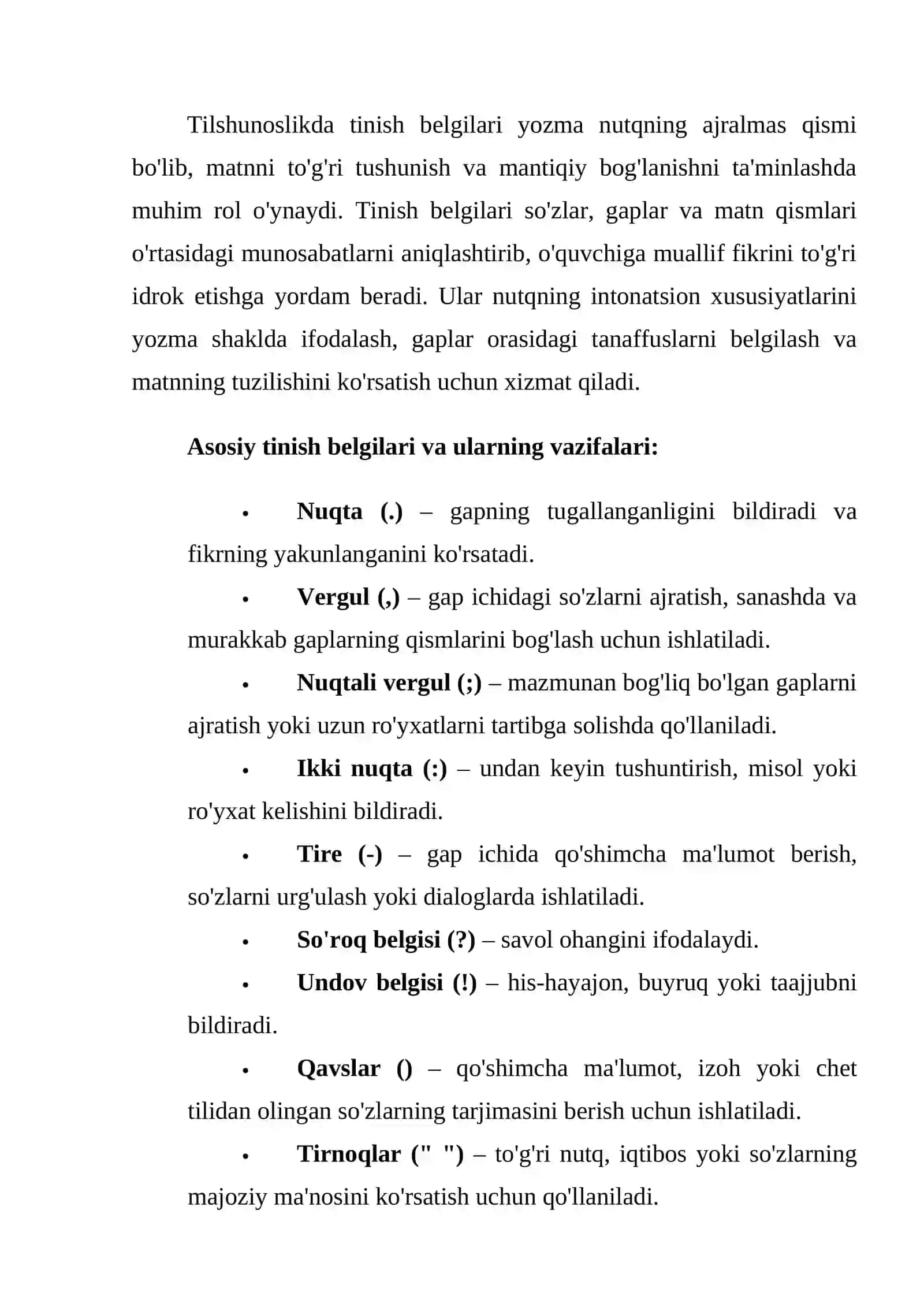 TINISH BELGILARI VA ULARNING TURLARI BO'YICHA 2