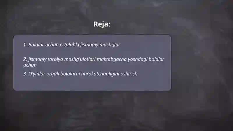 Maktabgacha tayyorlov guruhdagi bolalarni jismoniy tarbiyasini rivojlantirish 2