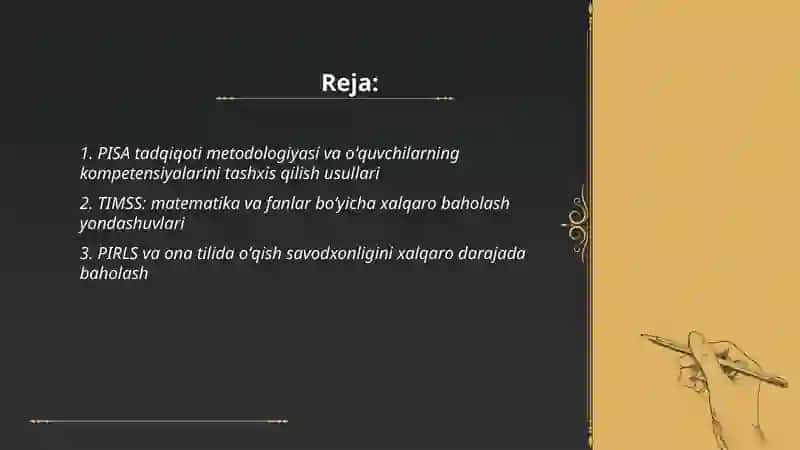 PISA tadqiqoti metodologiyasi va oʻquvchilarning kompetensiyalarini tashxis qilish usullari 2