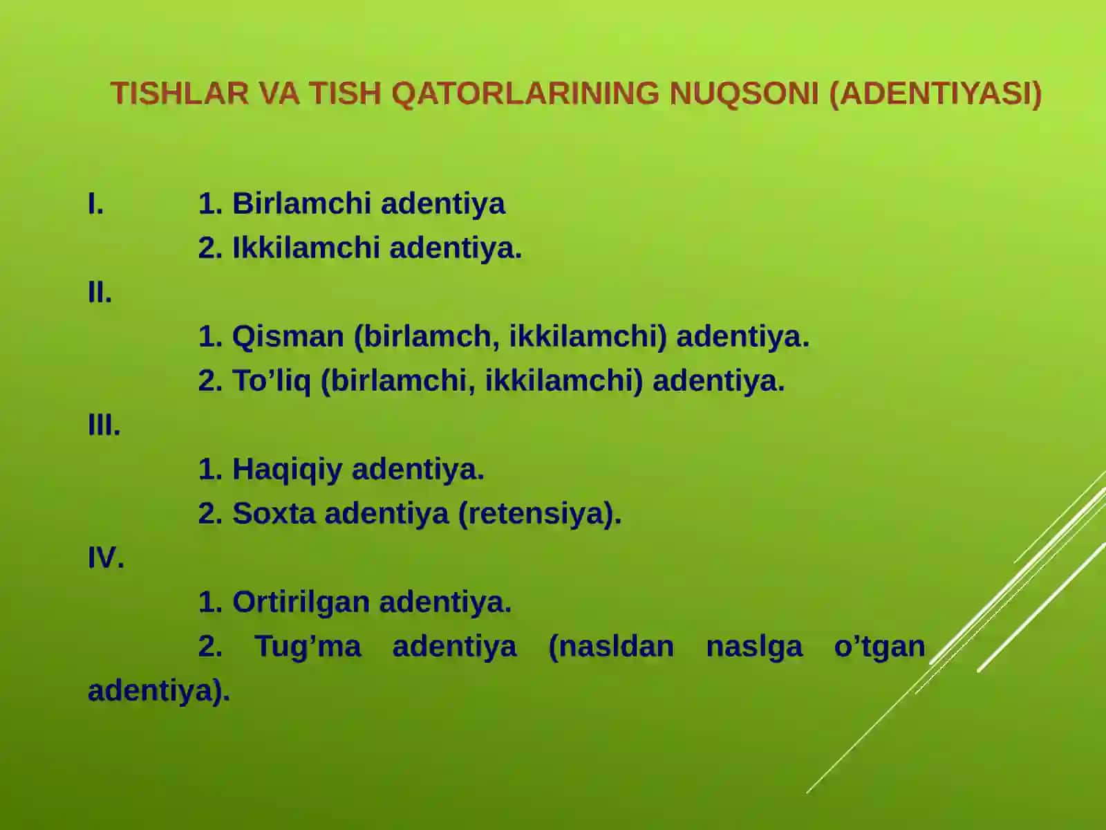 Tishlarning qisman nuqsonlari. Kelib chiqishi, patogenezi, klinikasi, diagnostikasi, tekshirish usullari va tashxisi. 2
