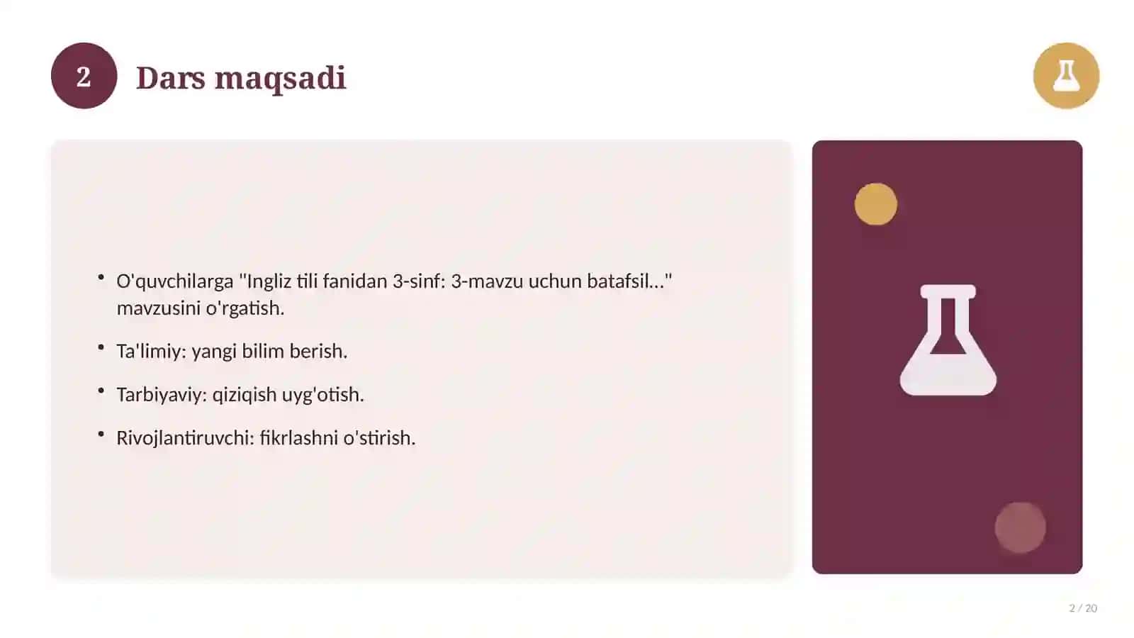Ingliz tili fanidan 3-sinf: 3-mavzu uchun batafsil dars ishlanmasi 2