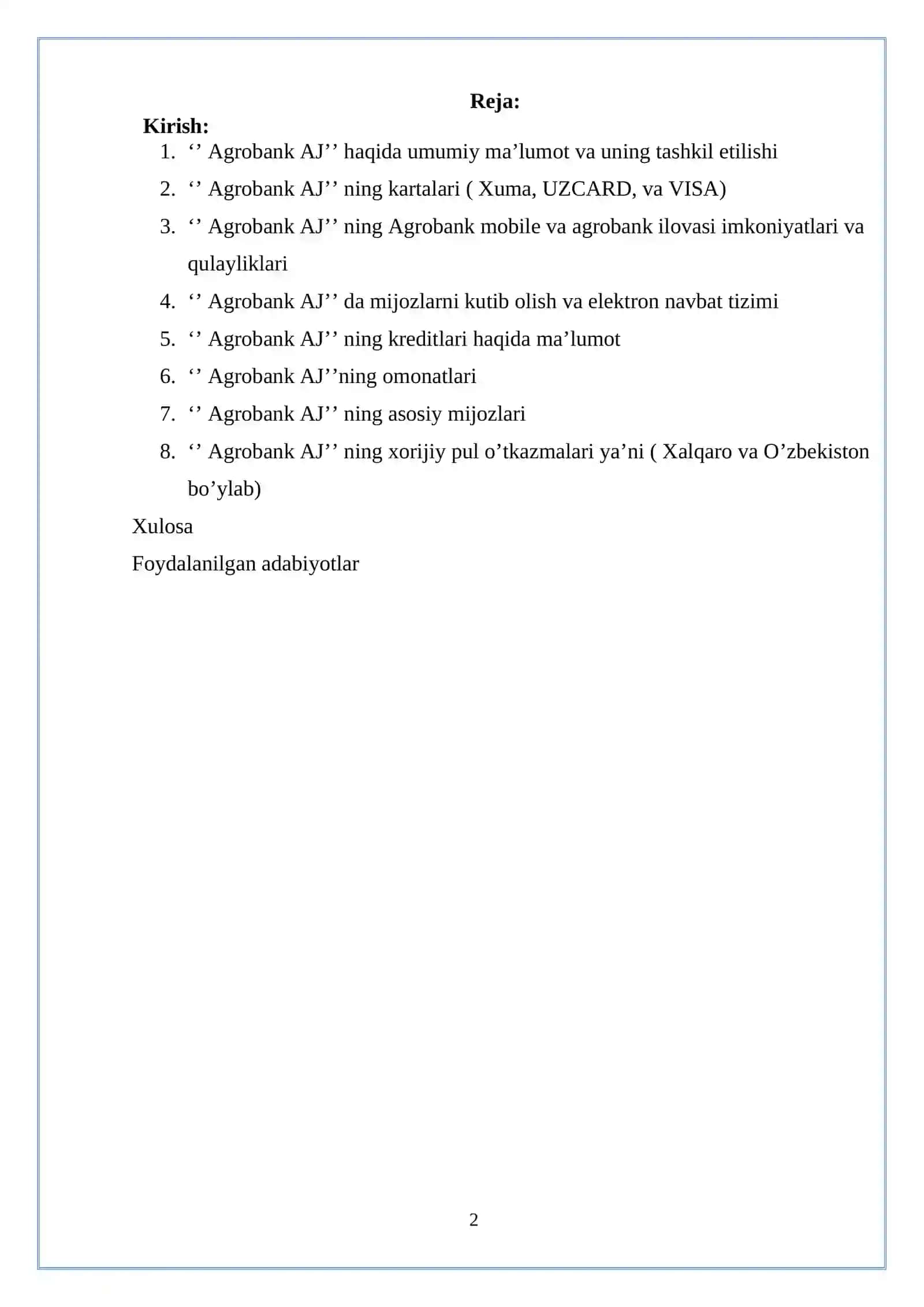 Agrobank AJ haqida umumiy ma’lumot va uning tashkil etilishi Xorazm viloyati Agrobank filiali 2