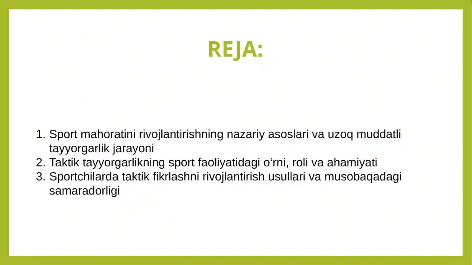 Sport mahoratini rivojlantirishning uzoq muddatli jarayonida taktik, tayyorgarlikning o'rni, roli va ahamiyati 2