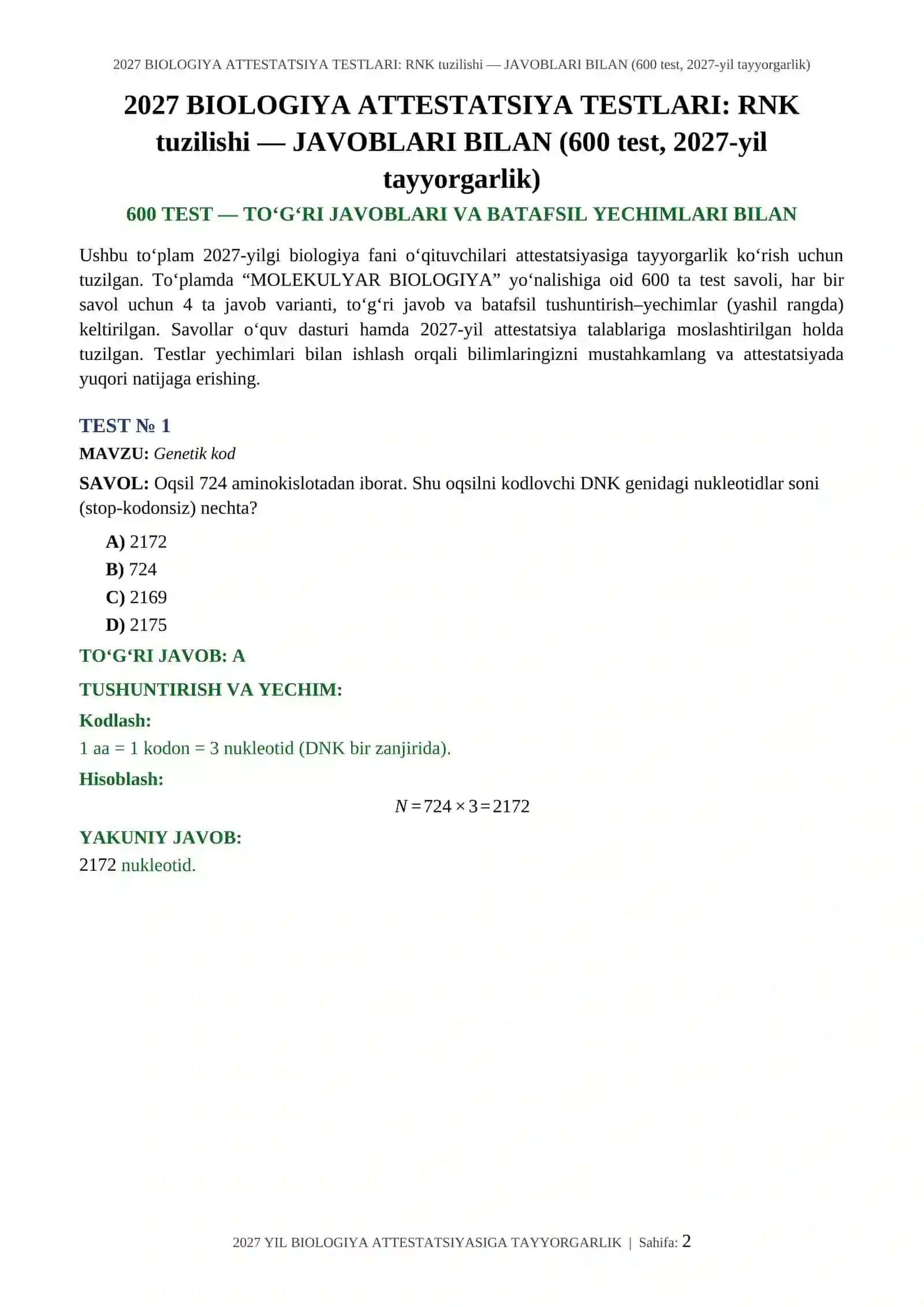 2027 BIOLOGIYA ATTESTATSIYA TESTLARI: RNK tuzilishi — JAVOBLARI BILAN (600 test, 2027-yil tayyorgarlik) 2