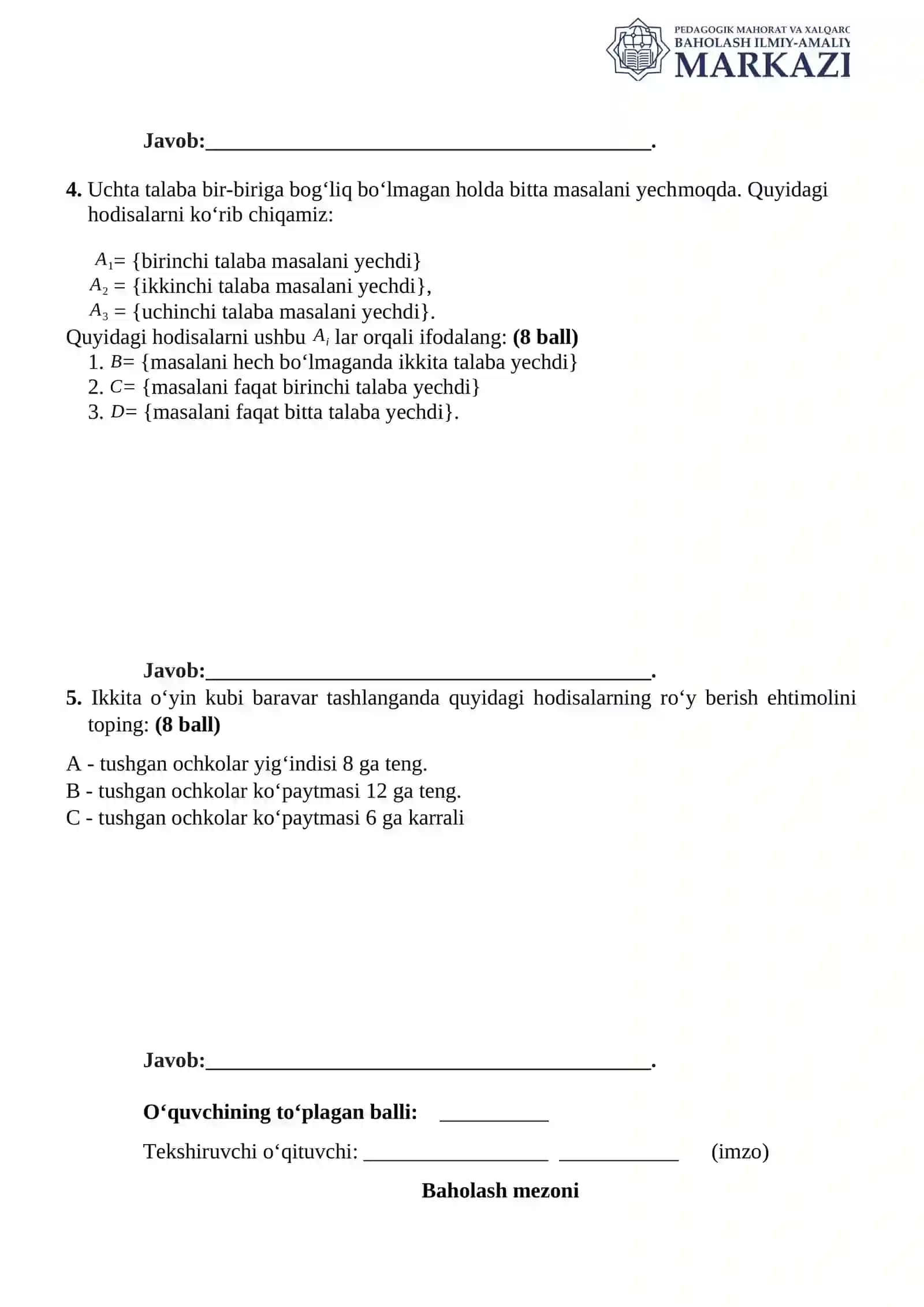 8-sinf Algebradan 7-BSB savollari 2