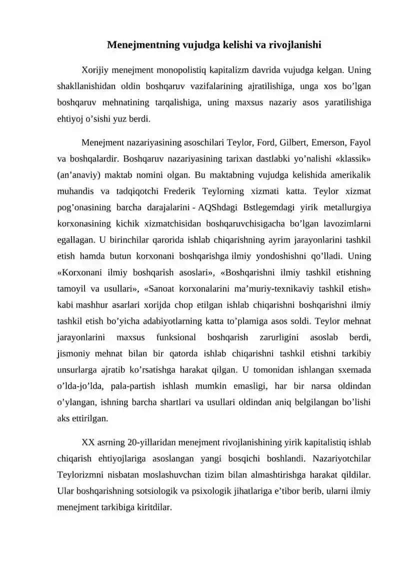 Menejmentning rivojlanish tarixi va hozirgi holati 2
