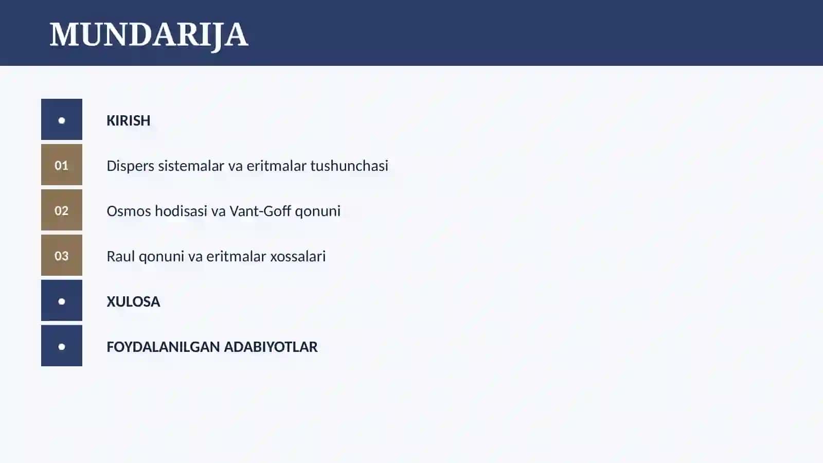 ERITMALAR. DISPERS SISTEMALAR. ERITMALARNING XOSSALARI.OSMOS XODISASI. VANT-GOFT VA RAUL QONUNLARI 2