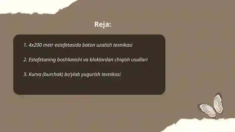 Estafetali yugurish turlari texnikasini oʻrgatish (4x200 metr) 2