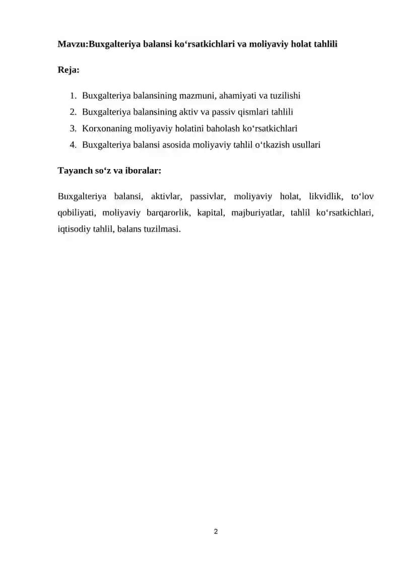 Buxgalteriya balansi ko‘rsatkichlari va moliyaviy holat tahlili 2