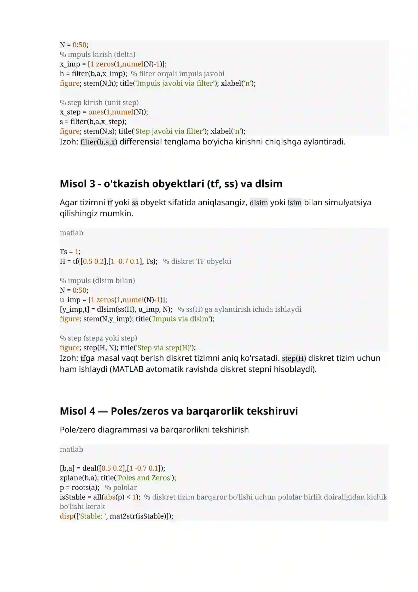 Diskret tizimlarning impuls va o'tish xarakteristikalarini aniqlash 2