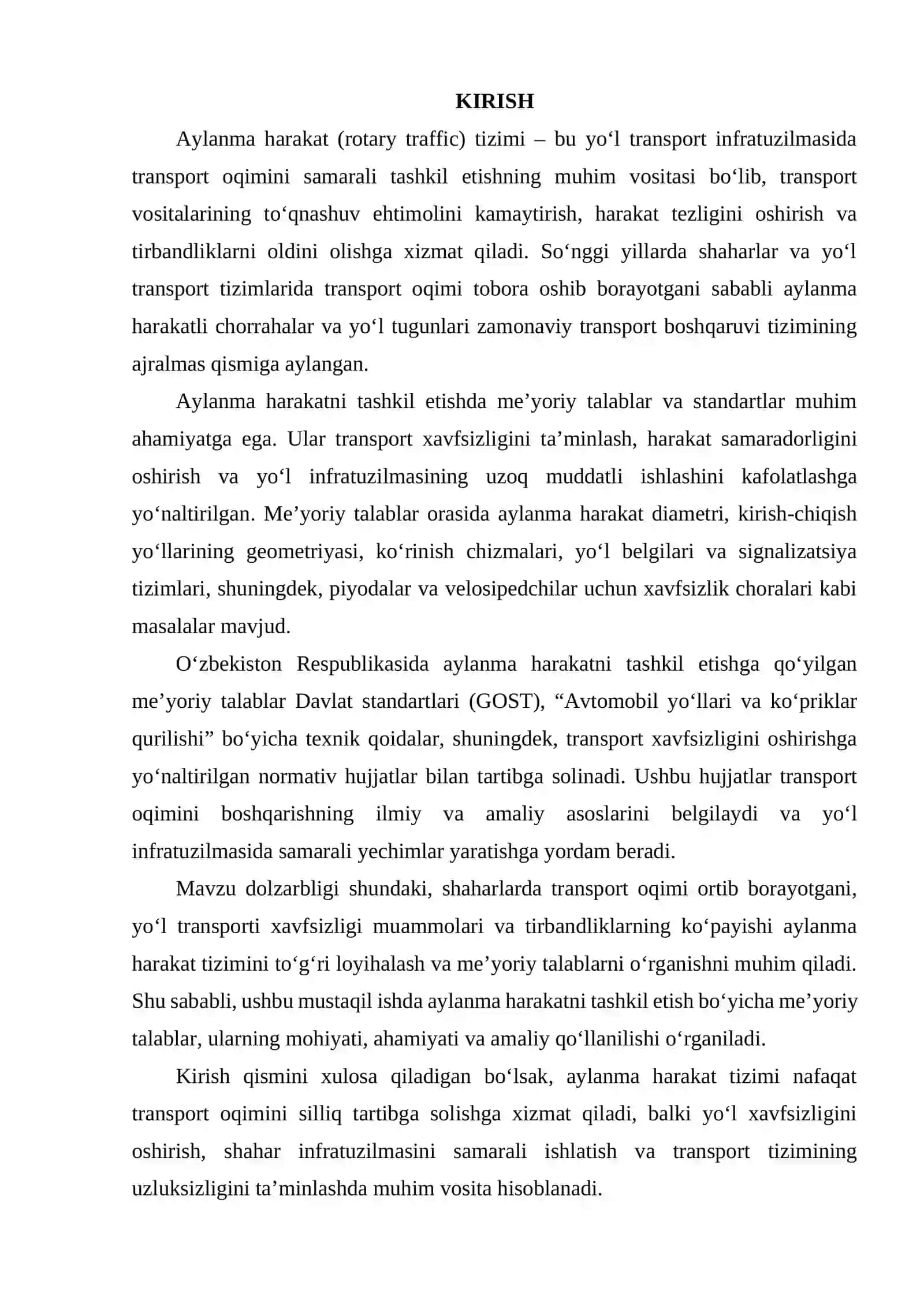 AVTOMOBIL YO‘LLARIDA AYLANMA HARAKATNI TASHKIL ETISHGA QO‘YILGAN ME’YORIY TALABLARNI O‘RGANISH 2