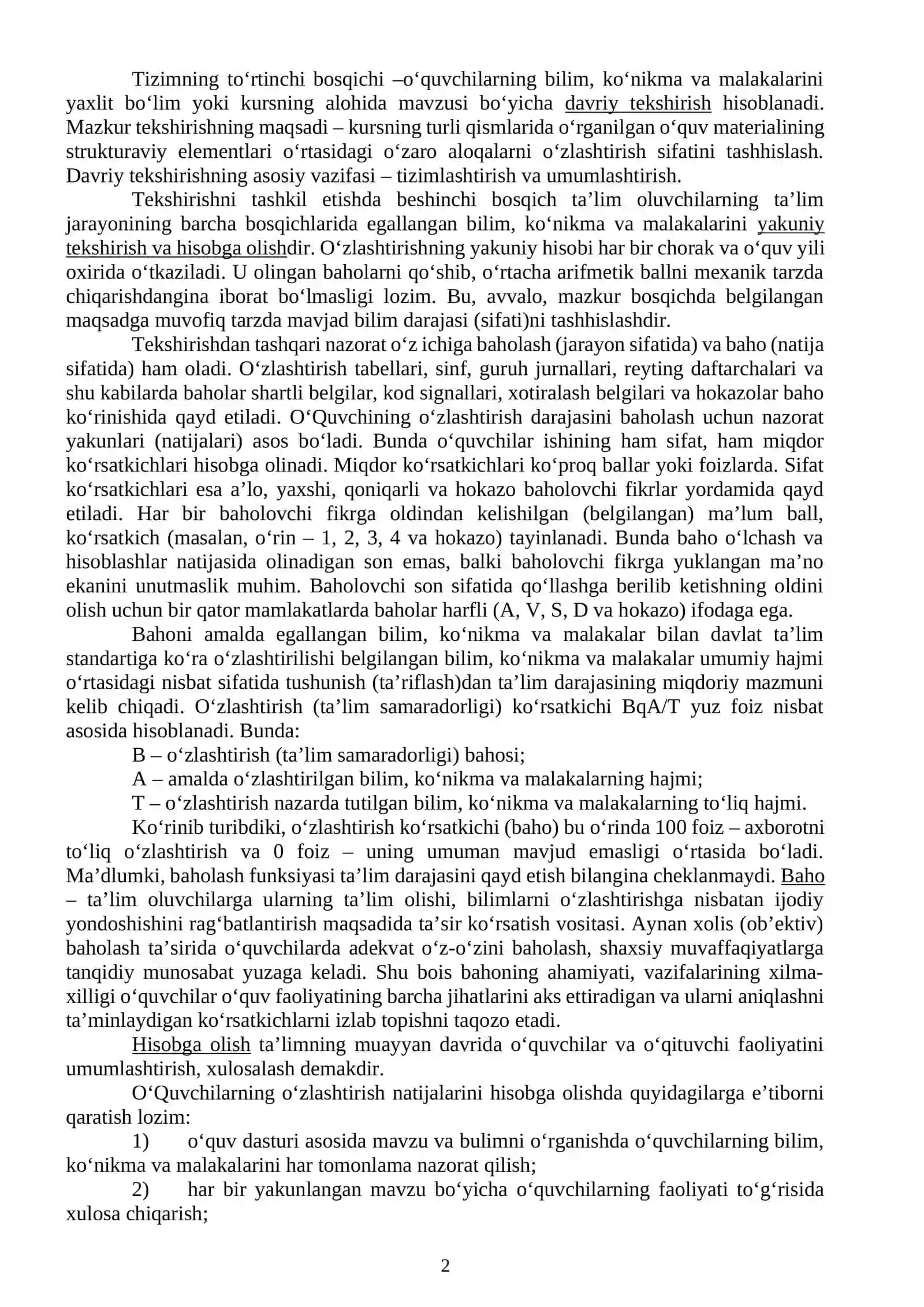 O‘quvchilarni bilim, ko‘nikma va malakalarini nazorat qilish va baholash jarayonini tashkil etish 2