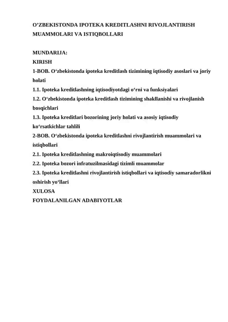 O`ZBEKISTONDA IPOTEKA KREDITLASHNI RIVOJLANTIRISH MUAMMOLARI VA ISTIQBOLLARI 2