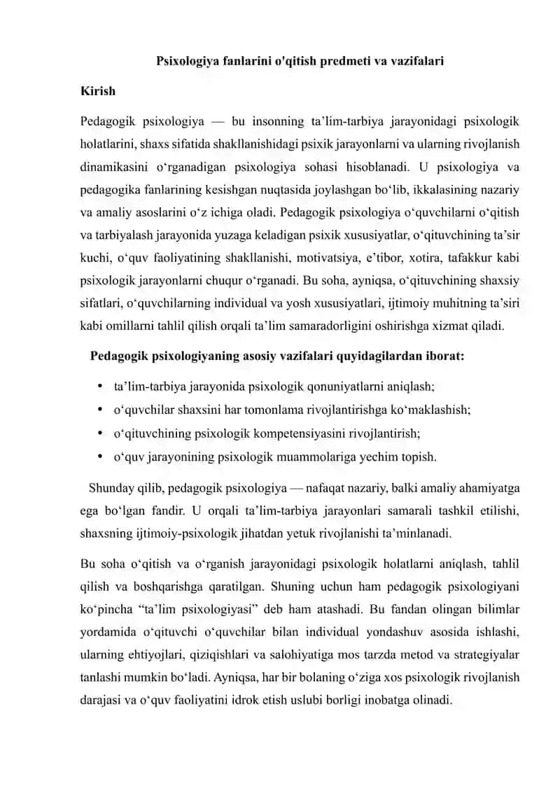 Psixologiya fanlarini o'qitish predmeti va vazifalari 2