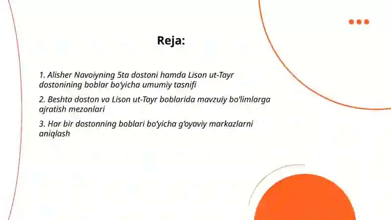 Alesher navoying 5ta dostoni xamda lison Ut tayr dostoni boblar buyicha tasnifi 2