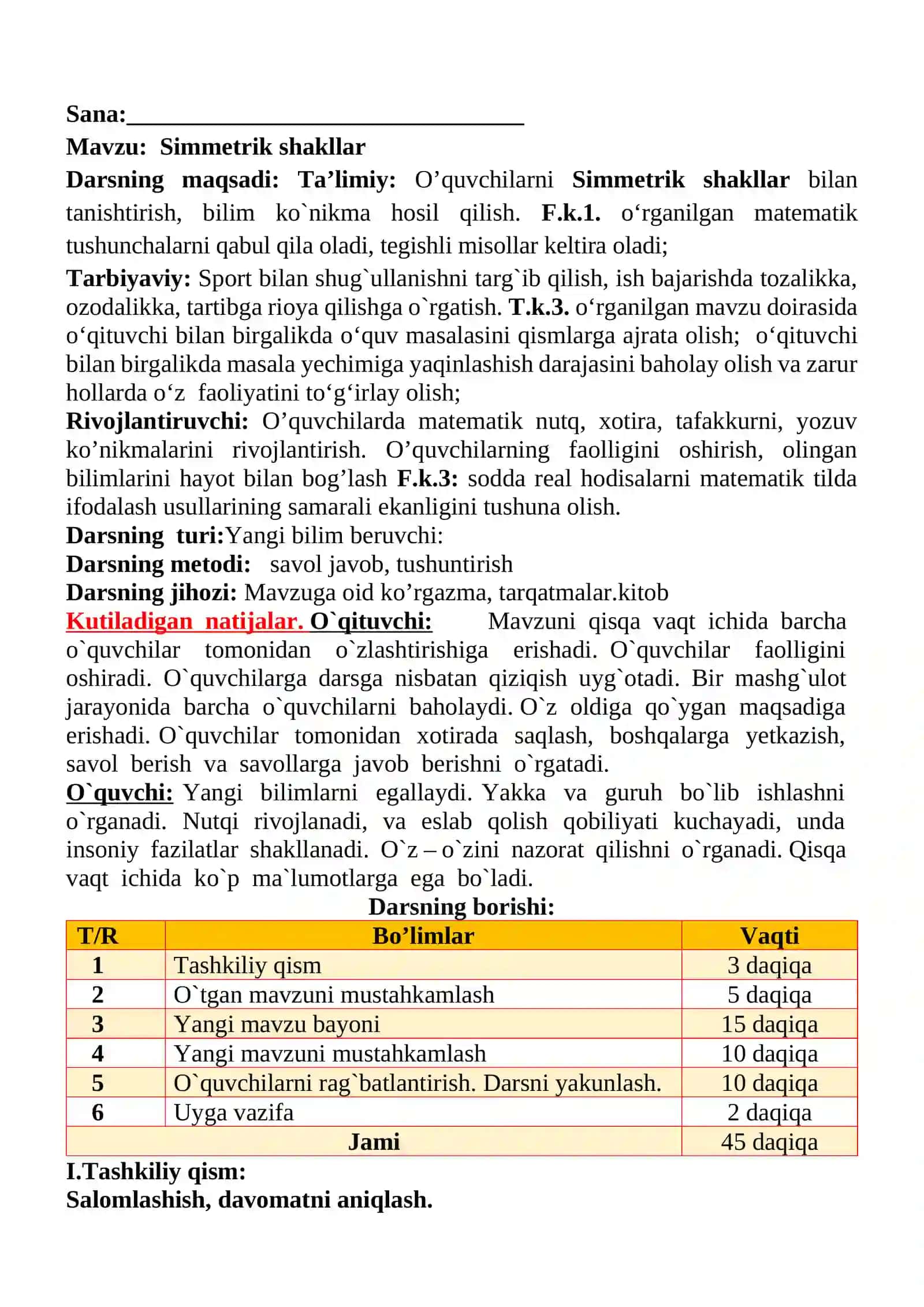 Simmetrik shakllar mavzusida 3-sinf Matematika fanidan dars ishlanmasi 2